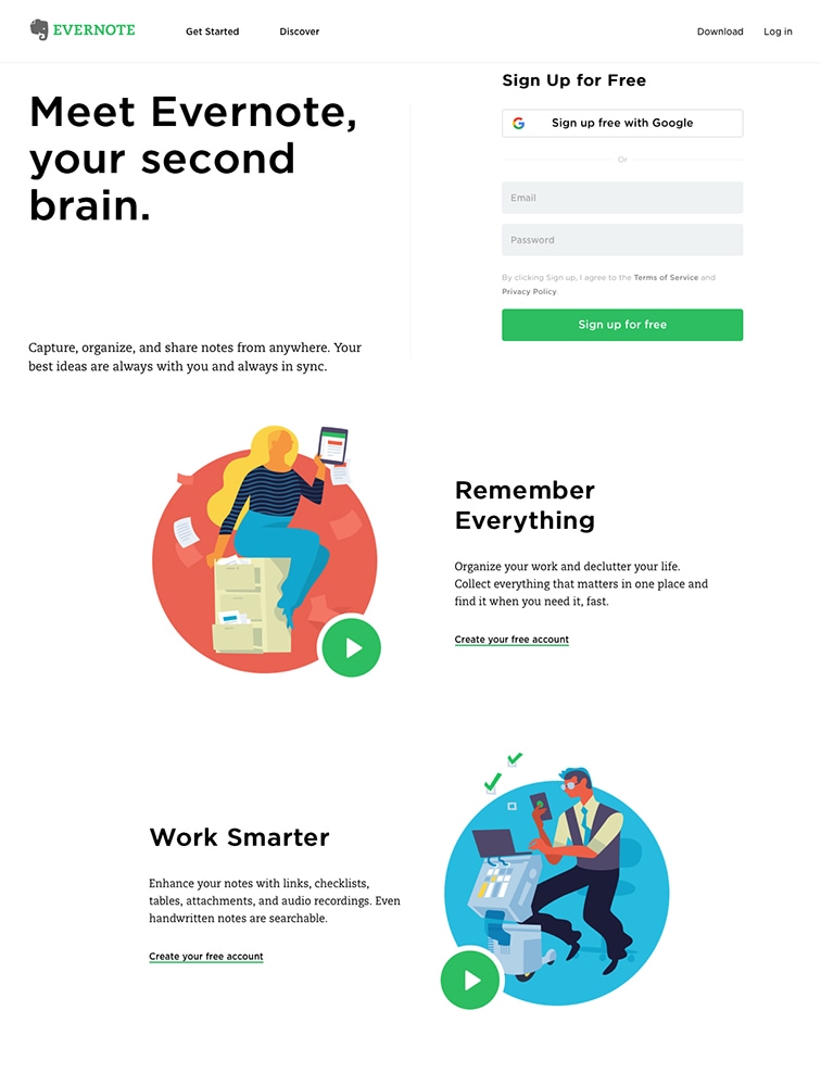 Exemple de la landing page Evernote